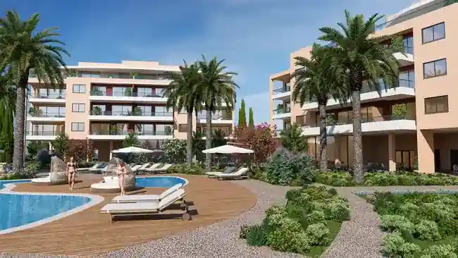 Mediterranean residential development with landscaped pool area